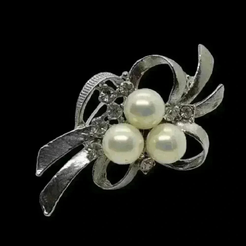 Vintage Brooch Faux Pearl Cluster & Rhinestone Ribbon & Bow Silver